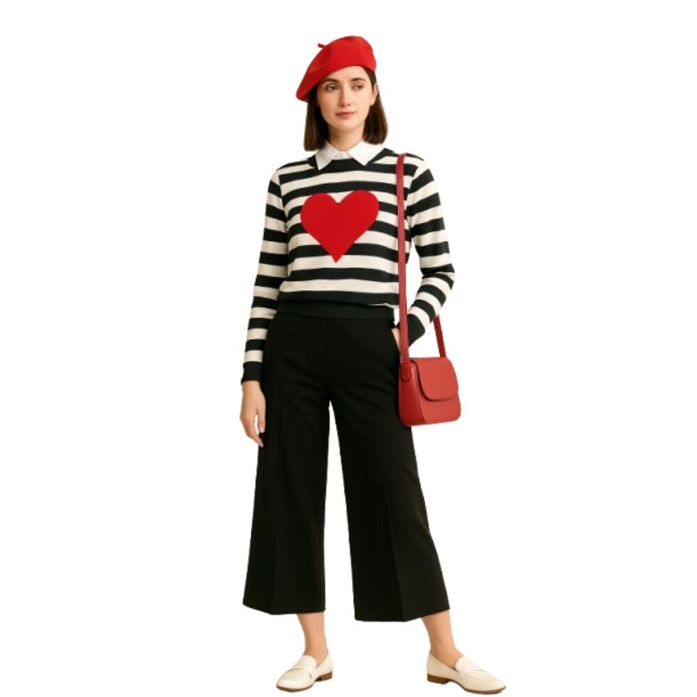 CREWNECK STRIPED SWEATER RED HEART FRONT BLACK WHITE NWT SIZE L CUTE CHIC